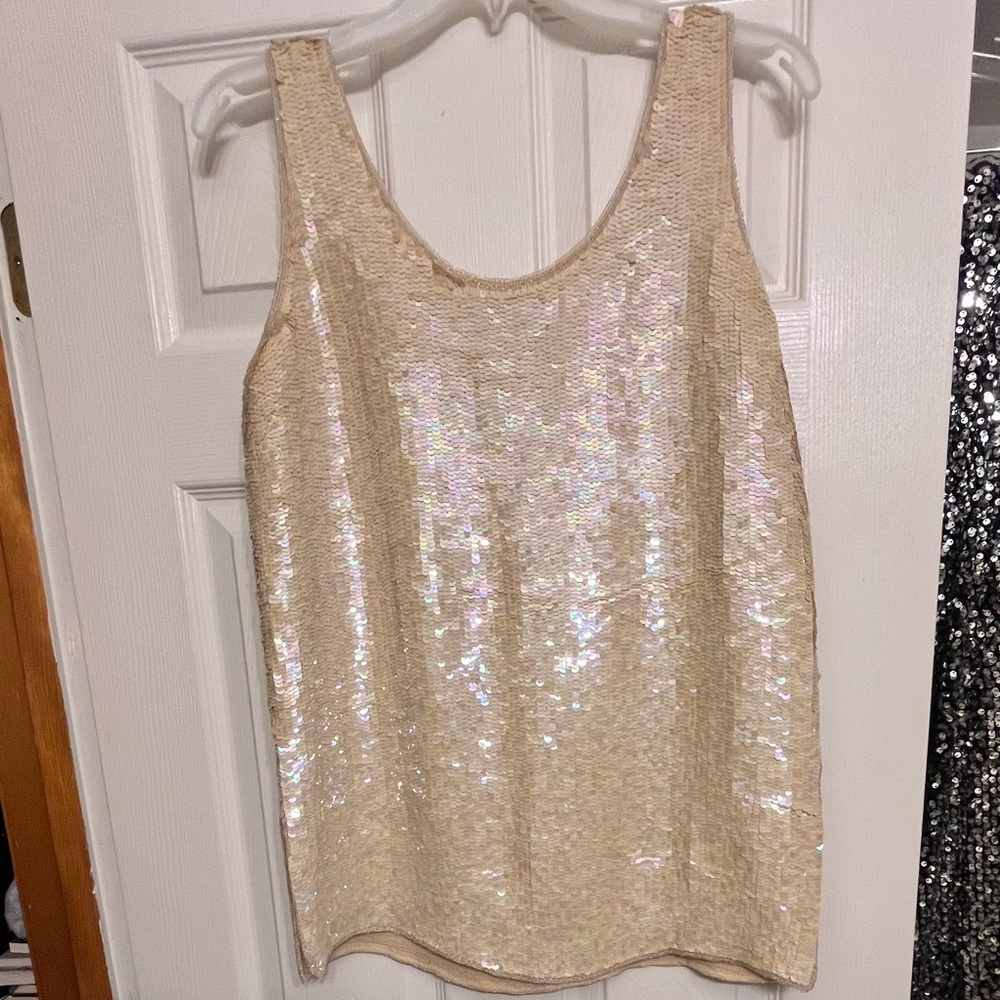Niteline by Bella Rourfagali size 12-14 Ivory sequin tank AB sequins side slits - Picture 3 of 16